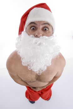 high angle view of shocked santa clause against white background