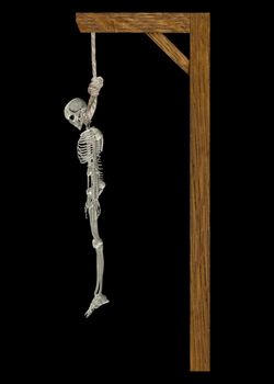 This image shows a hanging skeleton on a wooden gibbet