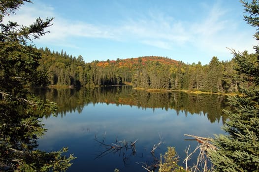 A picturesque landsacape showing a lake and a colorful fall forest