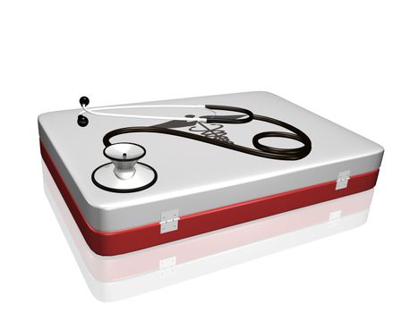 A stethoscope and medical kit isolated on a white background.
