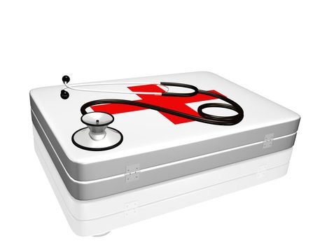Image of a 3d stethoscope on top of a medical kit isolated on a white background.