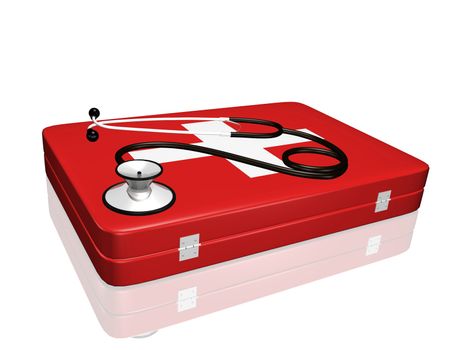 A 3D stethoscope on top of a medical kit.