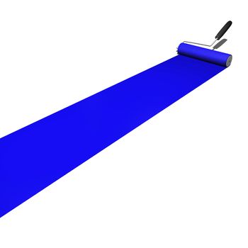 Blue paint being rolled on a white background.