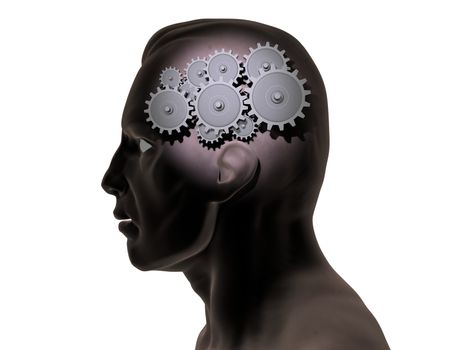 Image of gears inside of a man's head.