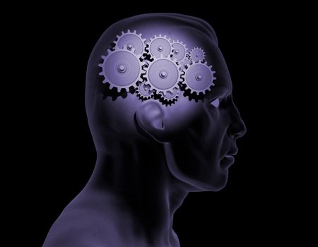 Image of gears inside of a man's head.