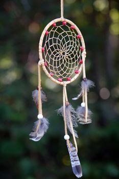 A picture of a dreamcatcher taken outside in a forest