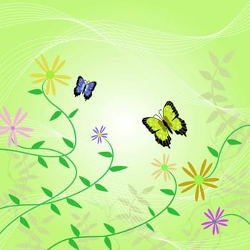 Image of a floral background with butterflies,flowers and leaves.