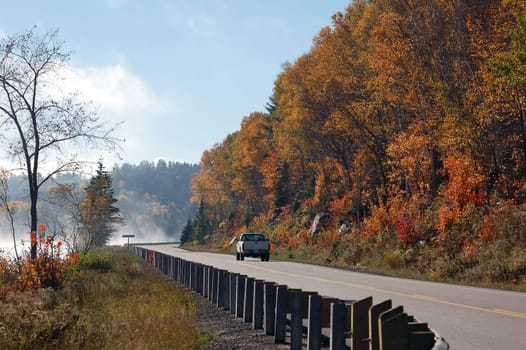 A picture of a beautiful road in autumn