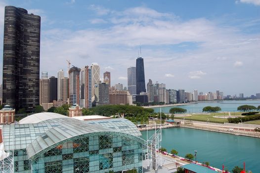 A view of the Chicago skyline as seen from the Navy Pier