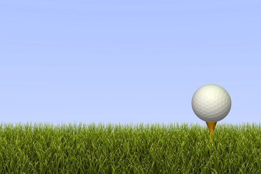 Golf ball on a tee against a grass and sky background.