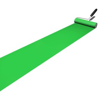 Green paint being rolled on a white background.