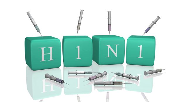 H1N1 message on 3D cubes with syringe.