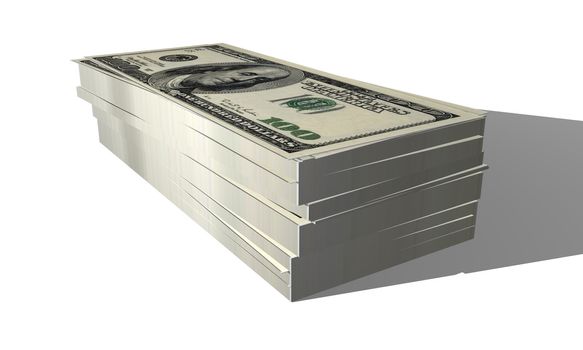 Stack of hundred dollar bills isolated on a white background.