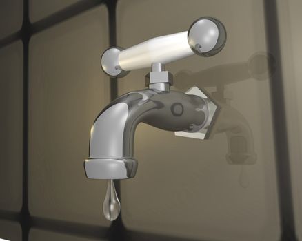 3D chrome faucet with drop of water.
