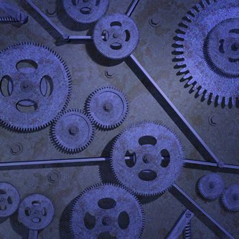 Various rusty metal gears on a background.