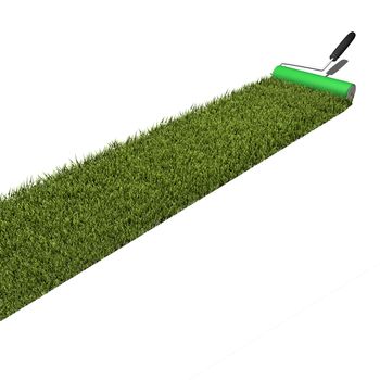 Concept image of green grass being applied by a paint roller isolated on a white background.