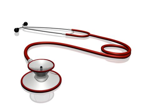 A red stethoscope on a white background.