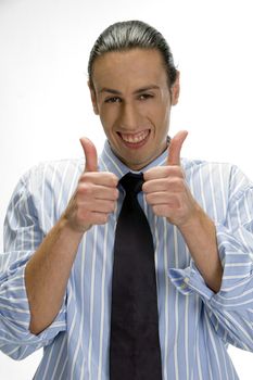 businessman gesturing thumbs up on an isolated white background