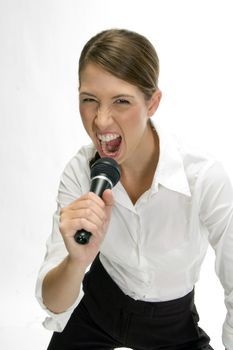 businesswoman singing into microphone on an isolated white background