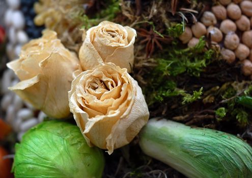 A picture showing several dried flowers and various vegetables