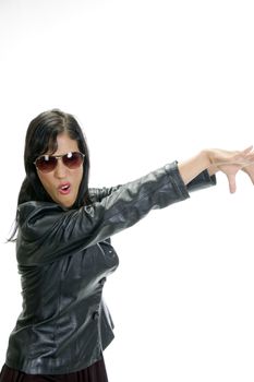 posing woman with sunglasses looking at camera on an isolated white background