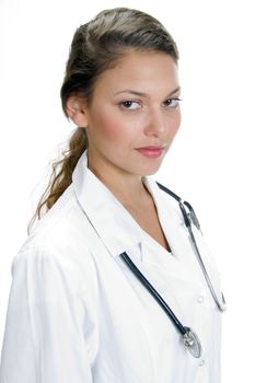 portrait of young medical professional with stethoscope on an isolated white background