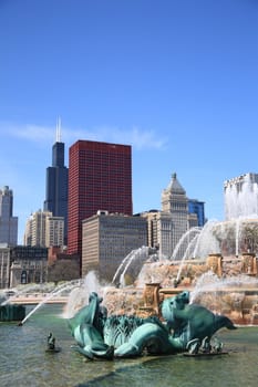 View of skyscrapers and famous Buckingham Fountain in Grant Park