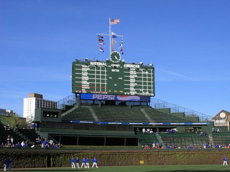 Famous scoreboard, ivy and bleachers before a Cubs game against the Washington Nationals