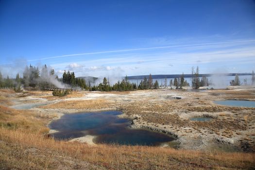 Steaming geothermal hot springs on the shore of Yellowstone Lake