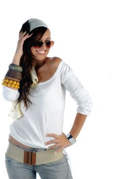 Beautiful young woman casually dressed smiling on white background