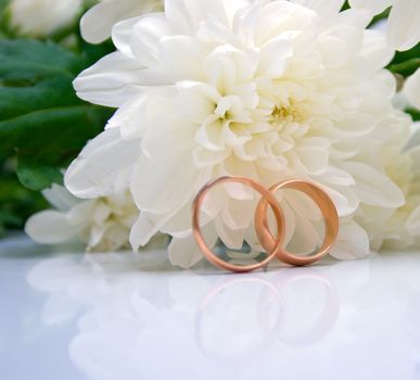 wedding rings and white chrysanthemumon. Shallow DOF