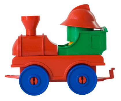 Red toy engine with blue wheels on the white background