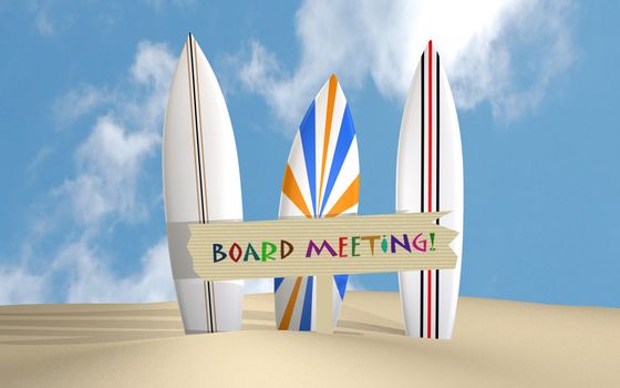 Board meeting concept image of surfboards on a beach.