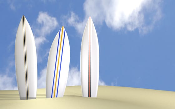 Image of three surfboards on a sunny beach.