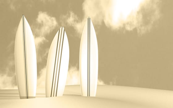 Image of three surfboards on a sunny beach.