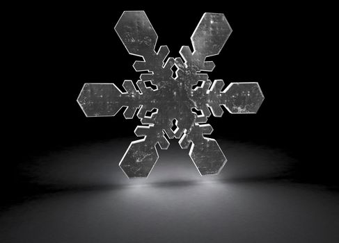 3d render of a snowflake glowing on a black floor