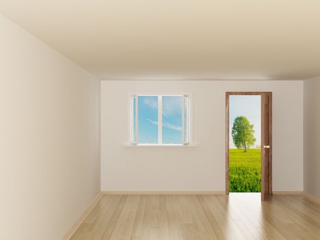 Empty room. Landscape behind the open door. 3D image