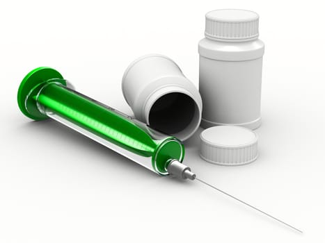 Syringe and banks on white background. Isolated 3D image