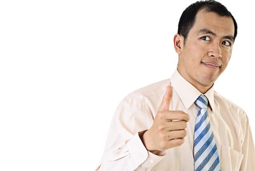 Asian business man portrait thumb up and confident expression on white background.