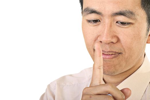 Silent Asian business man closeup portrait on white background.