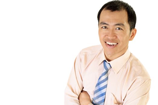 Happy Asian businessman smile portrait on white background.