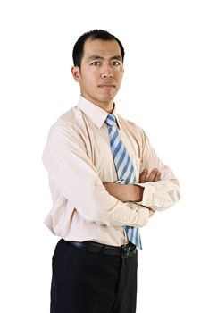 Confident Asian businessman portrait stand on white background.