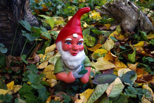 A little garden gnome surrounded by colorful leaves.