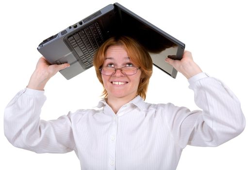 The girl under a roof from the laptop on a white background