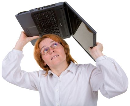 The girl under a roof from the laptop on a white background