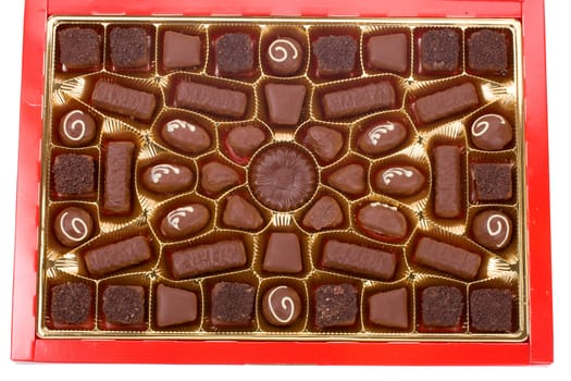 close-up red box of chocolates, isolated on white