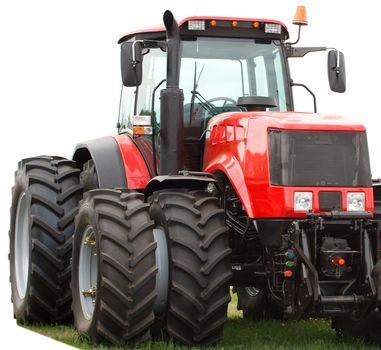 close-up new red tractor with double wheels, isolated on white