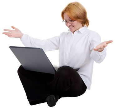 The woman sitting on a floor with the laptop