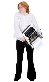 The sad woman with a typewriter on hands