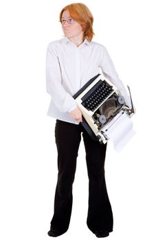 The sad woman with a typewriter on hands